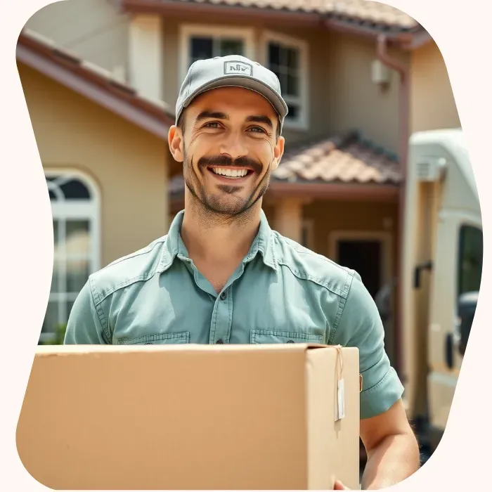 Two removalists moving boxes up stairs