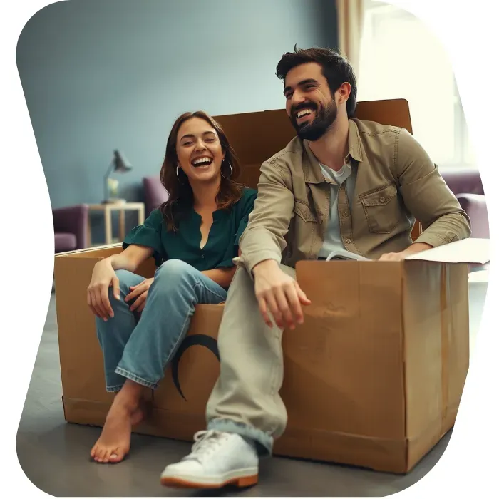 Two guys sitting on the floor of their apartment with Muval moving boxes